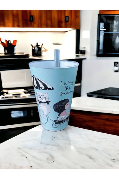 SEYFİKİRTASİYE PATTERNED PLASTIC CUP WITH STRAW 400 ML