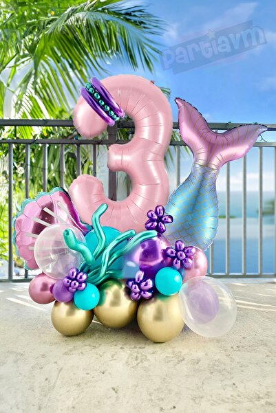 PARTİAVM Deniz Kızı Balon Buketi Pembe Rakam Balon