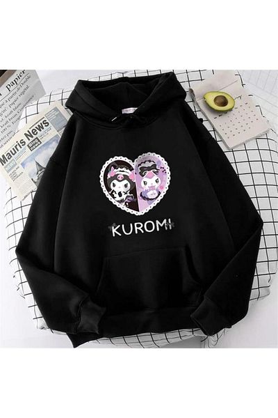 Touz EYSA MODA - Φούτερ με μοτίβο καρδιάς Kuromi με μαύρη κουκούλα