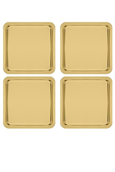 Kitchen Design Lab Paslanmaz Çelik Gold Renk Sunum Tepsisi 21 X21 Cm Çay Kahve Pasta Tatlı Servis Sunum Tepsisi 4 Adet