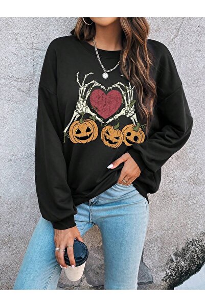 Adrift KOD ADR-SHEN LUNE - Hanorac cu umeri picături cu detaliu de dovleac și schelet de Halloween