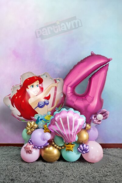 PARTİAVM Little Mermaid Ariel Küçük Deniz Kızı Balon Buketi Fuşya Rakam Balon