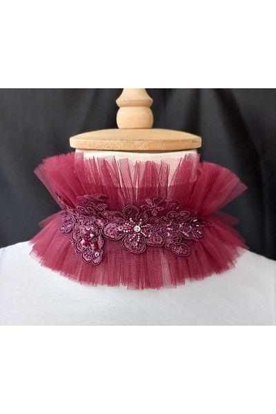 es moda shop Kubi guipure detailed tulle neck collar burgundy