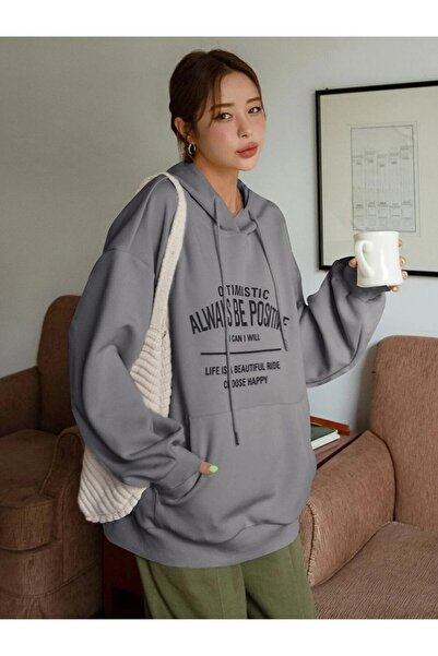 Machetta Büyük Beden Unisex Always be Positive Baskılı 3 iplik Kapüşonlu Sweatshirt