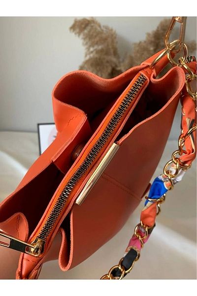 YNC Store Eșarfă portocalie și accesoriu cu lanț, din piele moale, geantă de mână și geantă de umăr cu 3 compartimente