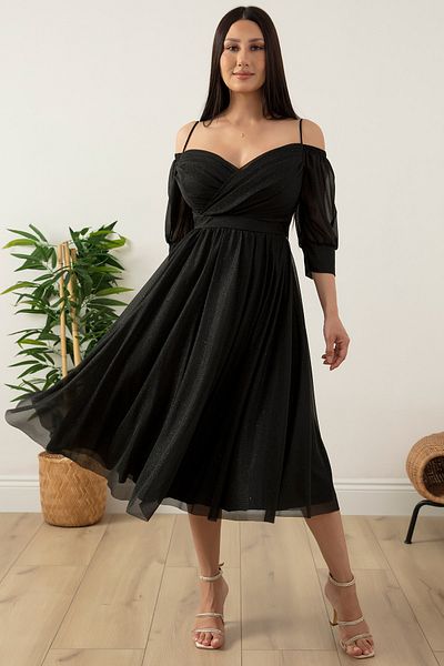 PULLIMM Balloon Sleeve Midiboy Tulle Evening Dress 39626