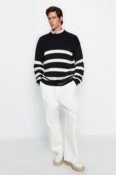 Trendyol Collection Unisex Black Knit Striped Oversize Knitwear Sweater - Non-Pilling, Casual Fit Tmnaw24Kz00002