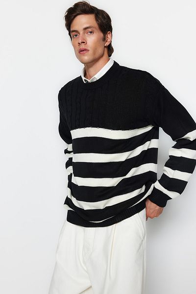 Trendyol Collection Unisex Black Knit Striped Oversize Knitwear Sweater - Non-Pilling, Casual Fit Tmnaw24Kz00002