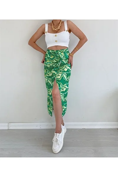 Laluvia Maldive Grass Green Wave Slit Skirt