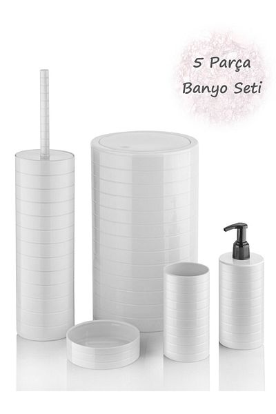 Bayev Moblen White Round Bathroom Set Set of 5 Trash Can Toothbrush Holder Liquid Soap Dispenser