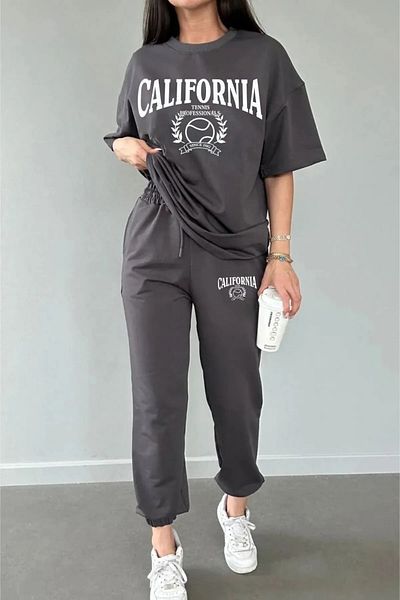 Keywest Summer Anthracite California Tennis Printed Oversize Bottom Top Unisex Tracksuit Set
