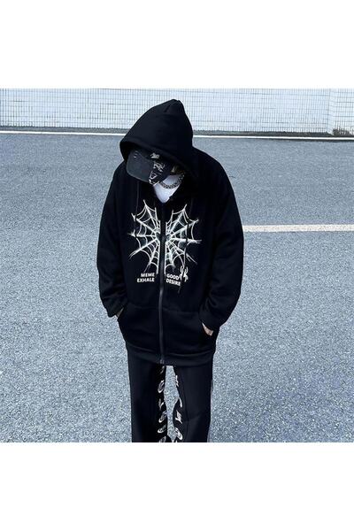 Touz Moda dompuleri moda Heart Spider Web Printed Oversize Zippered Black Unisex Hooded Cardigan