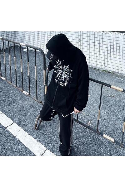 Touz Moda dompuleri moda Heart Spider Web Printed Oversize Zippered Black Unisex Hooded Cardigan