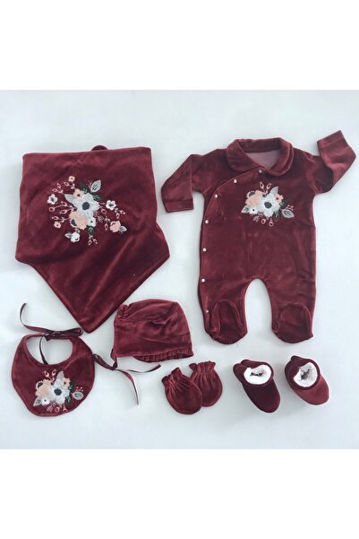 Eda Baby بطانية مطرزة بغرز متقاطعة مكونة من 6 قطع مخملية للمستشفى باللون العنابي