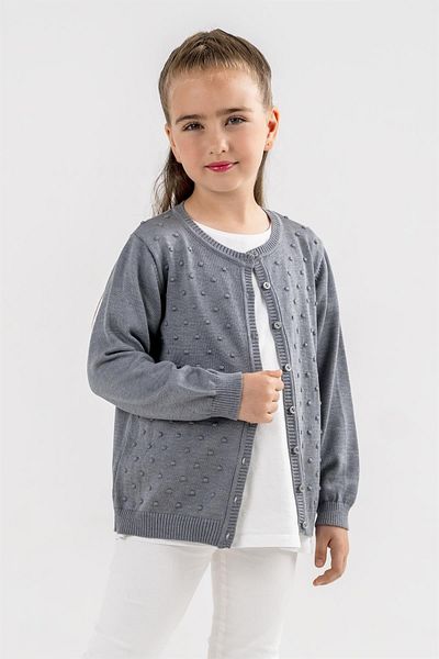 Minora Girl's Thin Knitwear Pompom Cardigan Anthracite 5-8 years old