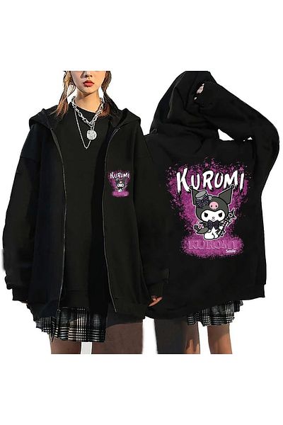 MECH BUTİK Μαύρη ζακέτα με φερμουάρ Kuromi εμπριμέ μαύρη ζακέτα με φερμουάρ Kuromi Smile μαύρη ζακέτα oversize