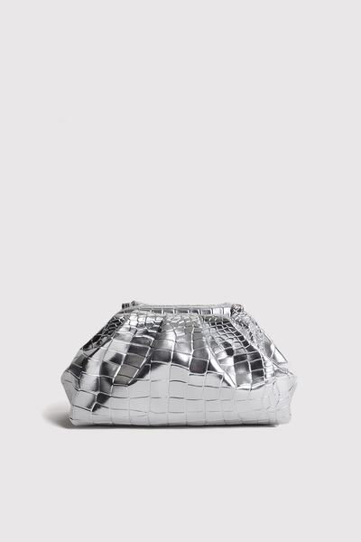 Berlesi Silver Women's Croco Patterned Metallic Leather Clutch Evening Dress Bag