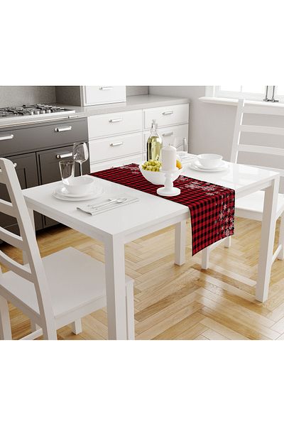 Hayal Dekoratif New Year's Themed Red and White Colored Plaid Patterned Digital Printed Runner Tablecloth