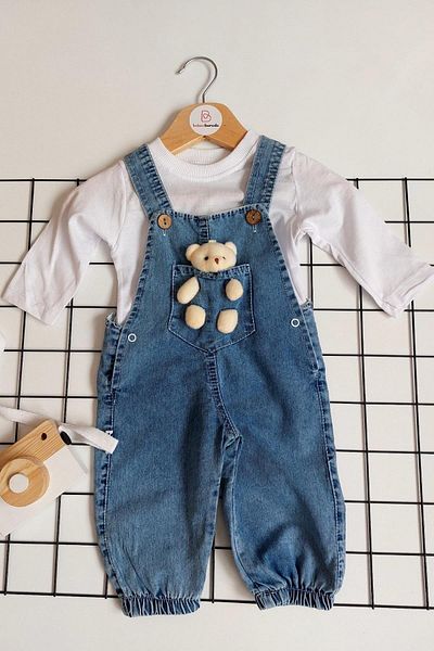 BEBECİBURADA Long Sleeve Baby Denim Salopet with Teddy Bear Toy