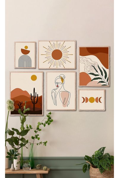 varje Boho Galeri Gerçek Ahşap Çerçeveli Tablo Seti, Orta Yüzyıl Modern Duvar...