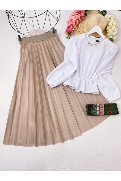 Modaytesettür Deri Görünümlü Pliseli Etek