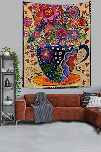 linazaitun Etnik Desen Çiçekli Fincan Leke Tutmaz Kumaş Duvar Örtüsü Duvar Ha...