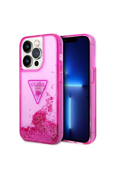 Guess iPhone 14 Pro Uyumlu Kılıf GUESS Transparan Sıvılı Simli Dizayn Kapak