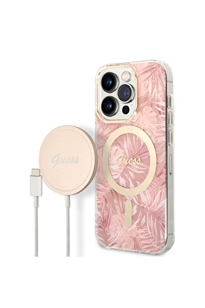 Guess iPhone 14 Pro Uyumlu Kılıf GUESS Magsafe Şarj Özellikli Yaprak Desenli ...