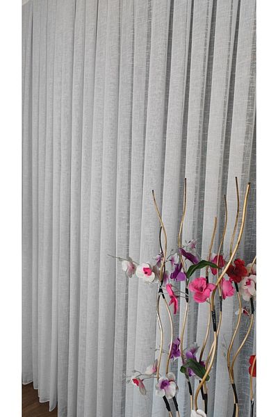 Yuka Folded Natural Linen Slub 1/3 Tight Pleated Ecru Tulle Curtain Wrinkle-Free Does Not Require Ironing