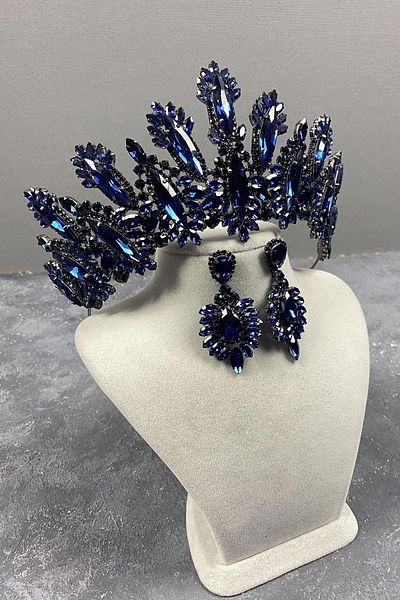 Hayalperest boncuk Navy Blue Color High Model Bridal Crown and Shuttle Stone Detailed Drop Stone Earring Set Henna Crown Set