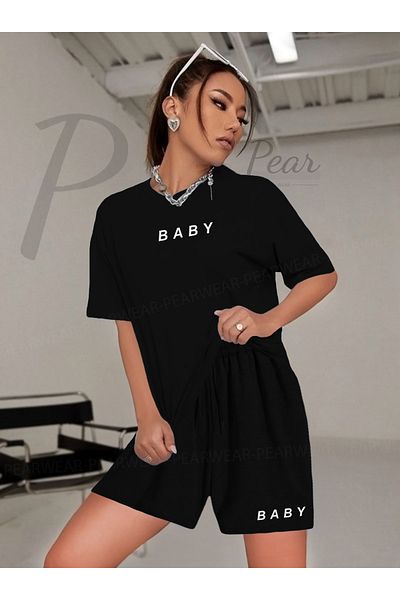 Pear Wear Women's Baby Printed Oversize T-Shirt Shorts Double Set