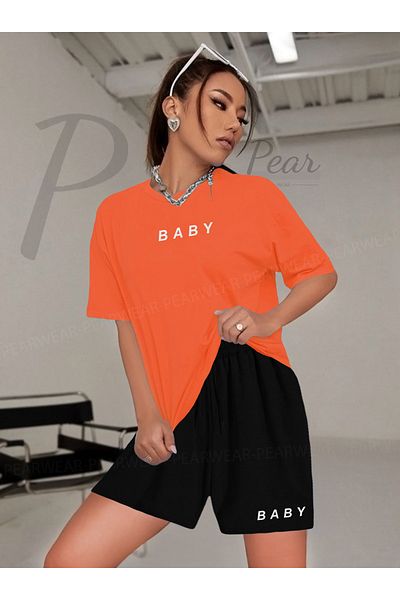 Pear Wear Women's Baby Printed Oversize T-Shirt Shorts Double Set
