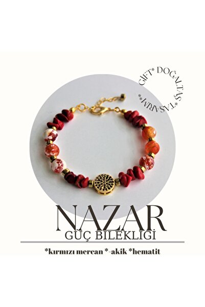 Gift Sellection Gerçek Doğal Taş Akik - Mercan - Zirkon Değerli Taş Bileklik , Nazar Güç Başarı Kariyer Para