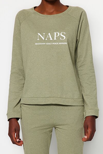 Trendyol Collection Sötétzöld szlogen póló-Jogger kötött pizsama szett THMAW21PT0497