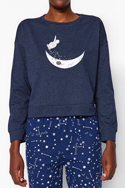 Trendyol Collection Galaxy Printed sötétkék póló és Jogger hálóruha szett 100% pamut - THMAW21PT0294