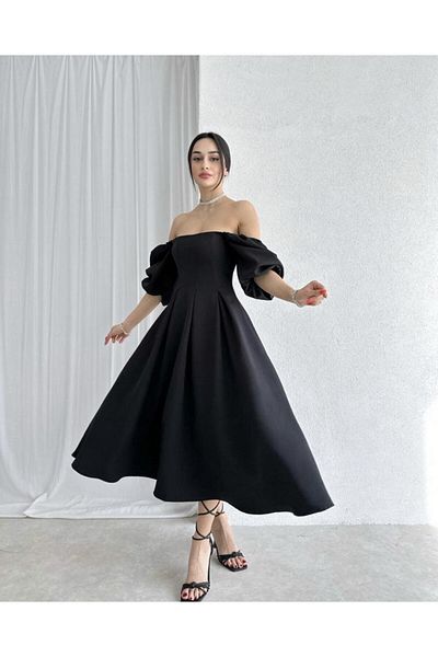 Afiş Butik Μίντι φόρεμα με πλισέ μαύρο τετράγωνο λαιμό