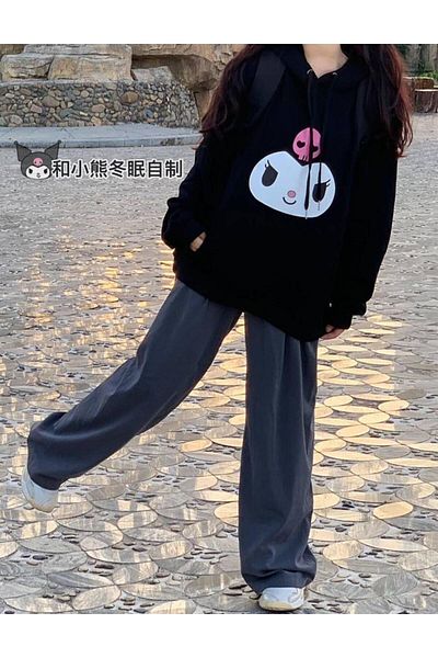 Touz Φούτερ LAGOM FASHION Kuromi Face Printed Μαύρο Unisex Oversize με κουκούλα
