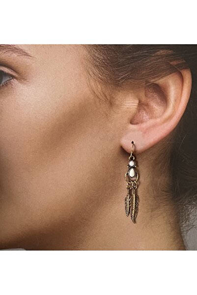 Rupen Kraft Leaf Detail Authentic Dangle Stoned Kokoş Earrings