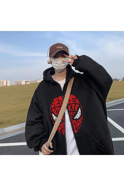 Gofeel Day Light Spider-Man Head Printed Oversize Μαύρη Unisex Ζακέτα με κουκούλα με φερμουάρ