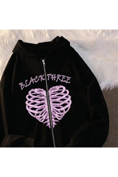 Touz Moda dompuleri moda Black Three Cage Heart Printed Oversize Zippered Black Unisex Hooded Cardigan