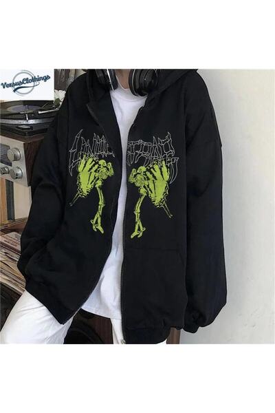 Touz Moda dompuleri fashion Harajuku Gothic Retro Butterfly Printed Oversize Zippered Black Unisex Hoodie