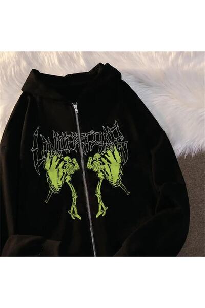 Touz Moda dompuleri fashion Harajuku Gothic Retro Butterfly Printed Oversize Zippered Black Unisex Hoodie