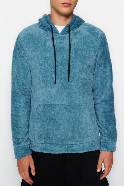 Trendyol Collection Indigó kapucnis plüss pulóver - meleg, normál szabású TMNAW20SW0090