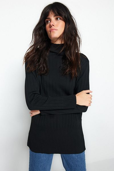 Trendyol Modest Black High Collar Ribbed Knitwear Sweater TCTAW24AK00155