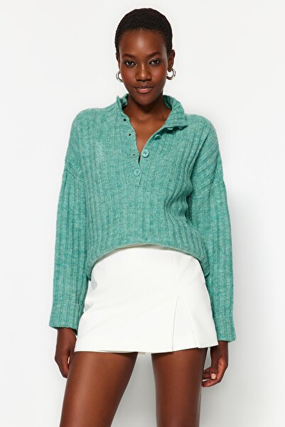 Trendyol Collection Tricotaj cu guler vertical cu textura moale, mentă TWOAW21KZ0783