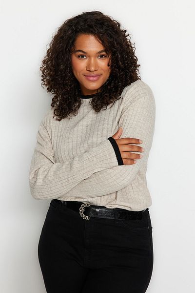 Trendyol Curve Beige Corded Collar Stripe Detailed Knitwear Sweater Tbbaw24An00029