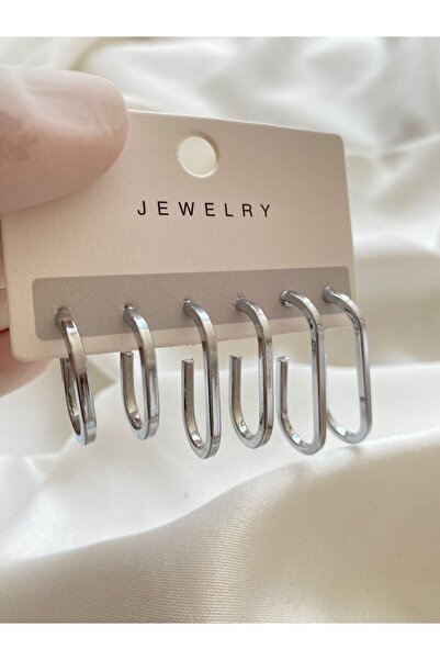 İlraysa Kadın Gümüş Renk 6'lı Küpe Seti