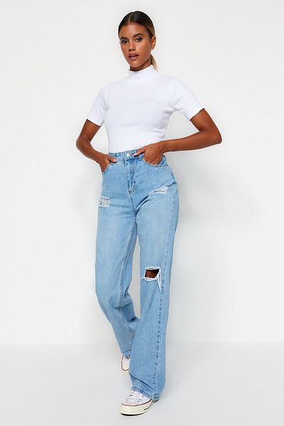 Trendyol Collection Blugi largi cu talie înaltă rupti albastru deschis TWOAW23JE00140
