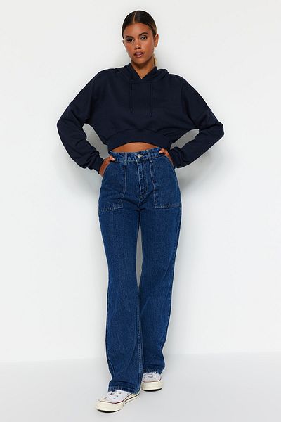 Trendyol Collection Blugi bleumarin cu talie înaltă, picior largi, cu buzunar TWOAW22JE0595