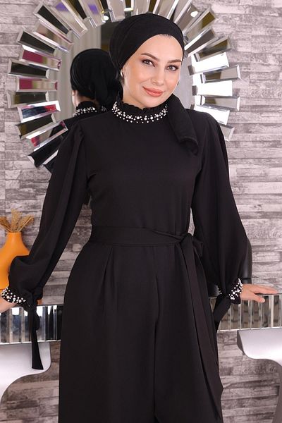 Modamihram Pearl Detailed Overal Dress Black 19152